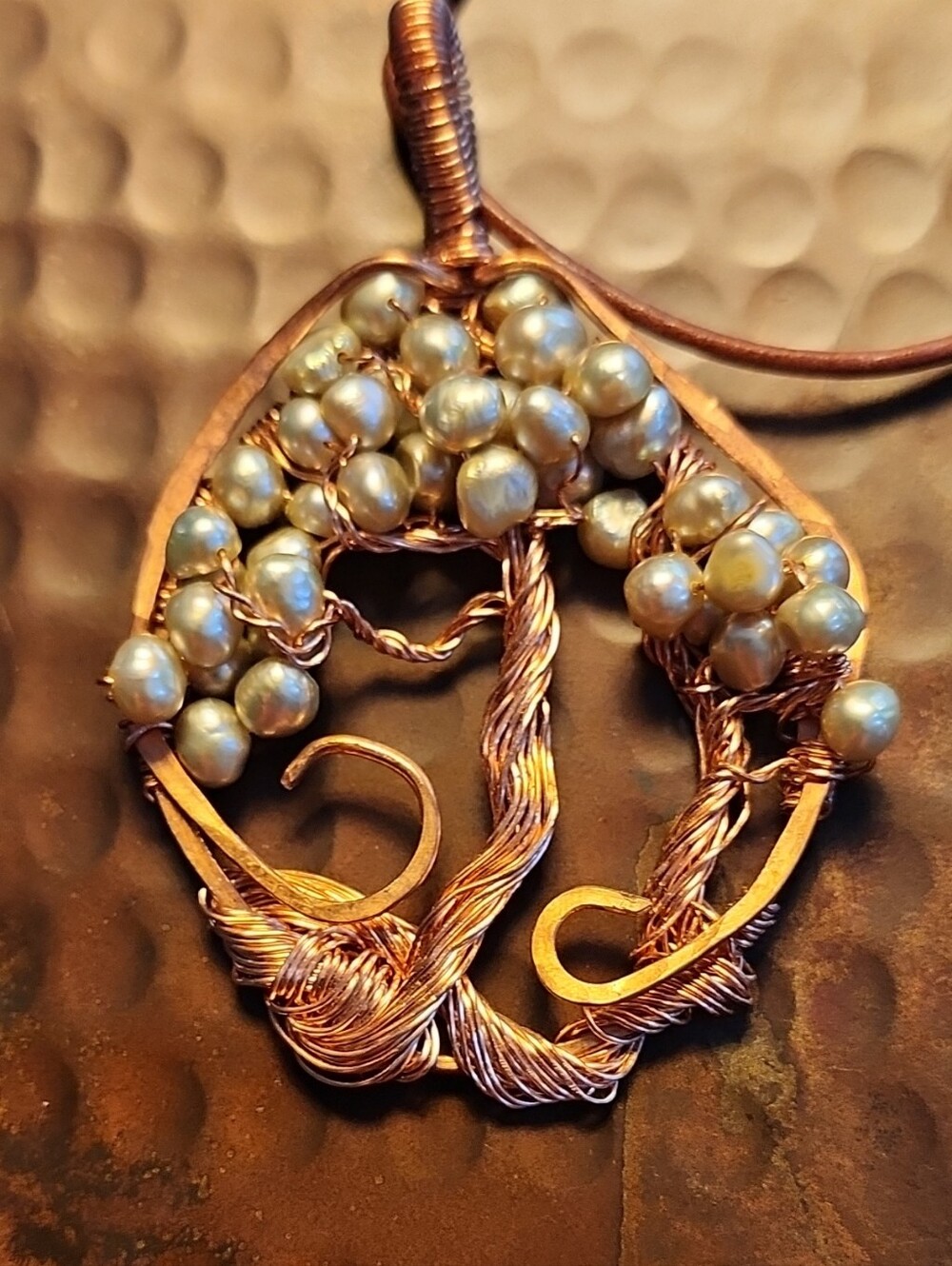 Handcrafted Copper Tree of Life Pendant Necklace with Peacock Culture Pearls